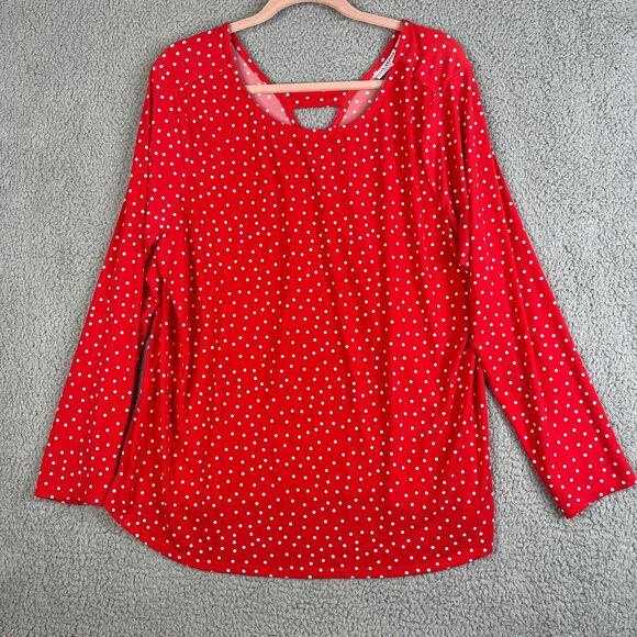 Susan Graver Blouse Womens XL Red Polka Dot V Neck Top Long Sleeve Keyhole - Picture 2 of 8